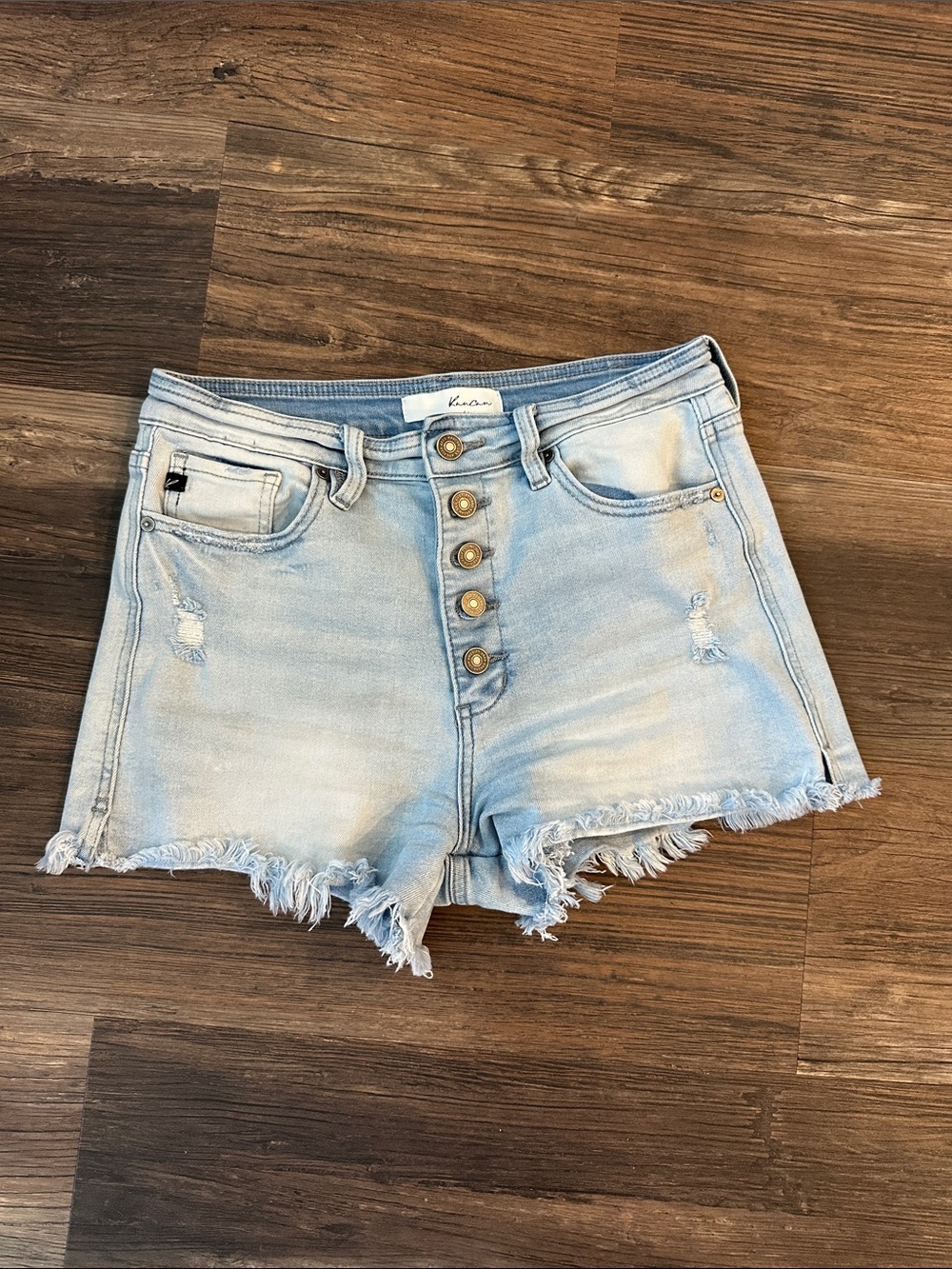 KanCan Light Wash Distressed Button-Fly Denim Shorts